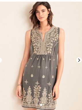 Johnny Was LA Tasya Embroidered Tank Dress Size Medium Linen Grey